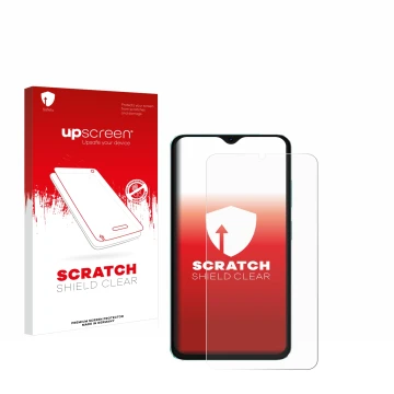 Parte frontal de un envase de producto con el logotipo de la marca upscreen. Al lado se muestra el dispositivo Oscal C70 con s