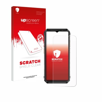 Parte frontal de un envase de producto con el logotipo de la marca upscreen. Al lado se muestra el dispositivo Ulefone Power A