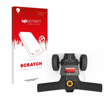 Parte frontal de un envase de producto con el logotipo de la marca upscreen. Al lado se muestra el dispositivo PowaKaddy FX3 c