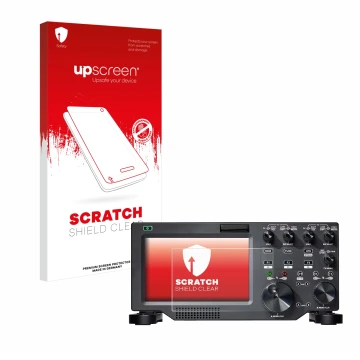 Parte frontal de un envase de producto con el logotipo de la marca upscreen. Al lado se muestra el dispositivo FlexRadio Maest