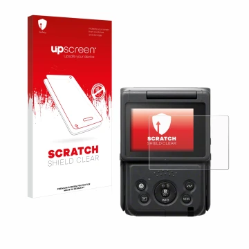 Parte frontal de un envase de producto con el logotipo de la marca upscreen. Al lado se muestra el dispositivo Canon PowerShot