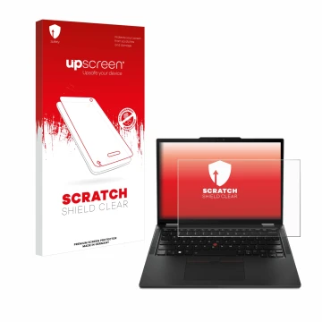 Parte frontal de un envase de producto con el logotipo de la marca upscreen. Al lado se muestra el dispositivo Lenovo ThinkPad