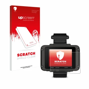 Parte frontal de un envase de producto con el logotipo de la marca upscreen. Al lado se muestra el dispositivo Garmin Foretrex