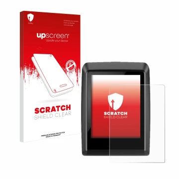 Parte frontal de un envase de producto con el logotipo de la marca upscreen. Al lado se muestra el dispositivo Bosch Kiox 500 