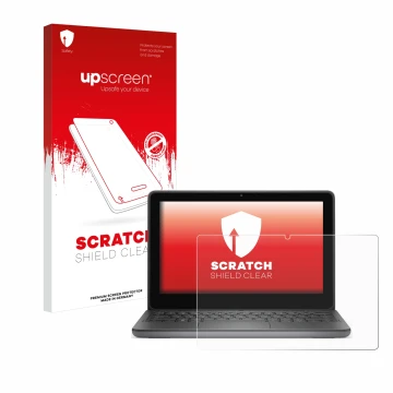 Parte frontal de un envase de producto con el logotipo de la marca upscreen. Al lado se muestra el dispositivo Dell Latitude 3