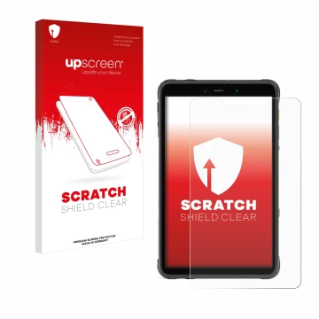Parte frontal de un envase de producto con el logotipo de la marca upscreen. Al lado se muestra el dispositivo Ulefone Armor P