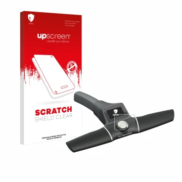 Parte frontal de un envase de producto con el logotipo de la marca upscreen. Al lado se muestra el dispositivo Motocaddy S1 DH