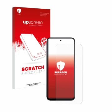 Parte frontal de un envase de producto con el logotipo de la marca upscreen. Al lado se muestra el dispositivo Xiaomi Redmi 12