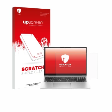 Parte frontal de un envase de producto con el logotipo de la marca upscreen. Al lado se muestra el dispositivo HP EliteBook 86