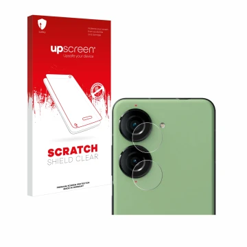 Parte frontal de un envase de producto con el logotipo de la marca upscreen. Al lado se muestra el dispositivo ASUS ZenFone 10