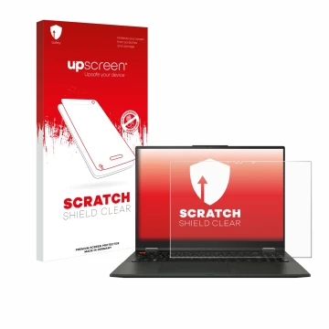 Parte frontal de un envase de producto con el logotipo de la marca upscreen. Al lado se muestra el dispositivo ASUS Vivobook S