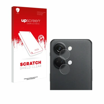 Parte frontal de un envase de producto con el logotipo de la marca upscreen. Al lado se muestra el dispositivo OnePlus Nord 3 