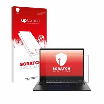 Parte frontal de un envase de producto con el logotipo de la marca upscreen. Al lado se muestra el dispositivo Lenovo ThinkPad