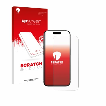 Parte frontal de un envase de producto con el logotipo de la marca upscreen. Al lado se muestra el dispositivo Apple iPhone 15