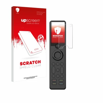 Parte frontal de un envase de producto con el logotipo de la marca upscreen. Al lado se muestra el dispositivo Sofabaton X1 co