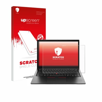 Parte frontal de un envase de producto con el logotipo de la marca upscreen. Al lado se muestra el dispositivo Lenovo ThinkPad