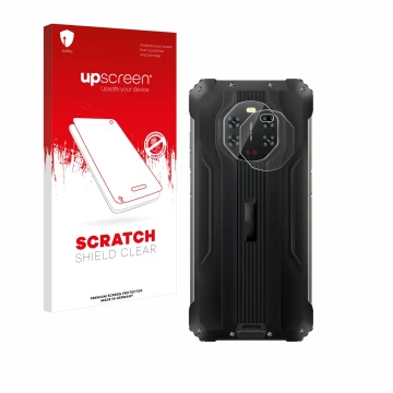 Parte frontal de un envase de producto con el logotipo de la marca upscreen. Al lado se muestra el dispositivo Blackview BL880