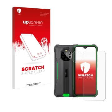 Parte frontal de un envase de producto con el logotipo de la marca upscreen. Al lado se muestra el dispositivo Blackview BL880