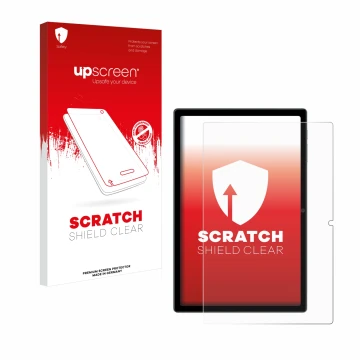 Parte frontal de un envase de producto con el logotipo de la marca upscreen. Al lado se muestra el dispositivo Blackview Tab 1