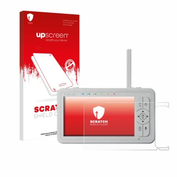 Parte frontal de un envase de producto con el logotipo de la marca upscreen. Al lado se muestra el dispositivo Babysense HD S2
