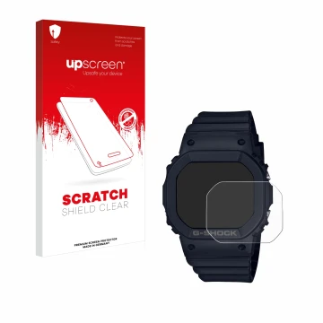 Parte frontal de un envase de producto con el logotipo de la marca upscreen. Al lado se muestra el dispositivo Casio G-Shock G