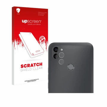 Parte frontal de un envase de producto con el logotipo de la marca upscreen. Al lado se muestra el dispositivo Gigaset GS5 Lit