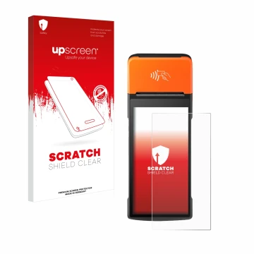 Parte frontal de un envase de producto con el logotipo de la marca upscreen. Al lado se muestra el dispositivo Sunmi V2 Pro co