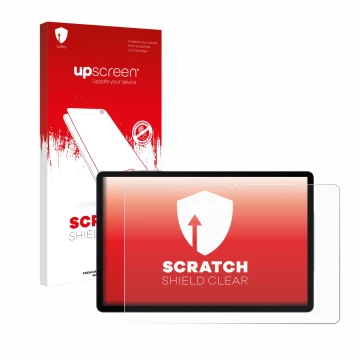 Parte frontal de un envase de producto con el logotipo de la marca upscreen. Al lado se muestra el dispositivo Samsung Galaxy 