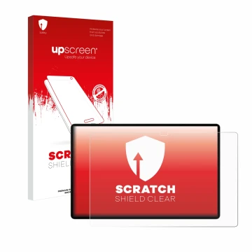 Parte frontal de un envase de producto con el logotipo de la marca upscreen. Al lado se muestra el dispositivo Samsung Galaxy 