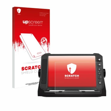 Parte frontal de un envase de producto con el logotipo de la marca upscreen. Al lado se muestra el dispositivo Lowrance Elite 