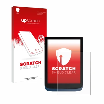 Parte frontal de un envase de producto con el logotipo de la marca upscreen. Al lado se muestra el dispositivo Vivlio InkPad 3