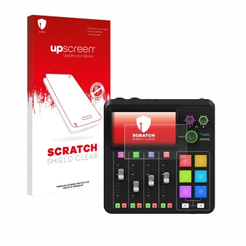 Parte frontal de un envase de producto con el logotipo de la marca upscreen. Al lado se muestra el dispositivo Rode Rodecaster