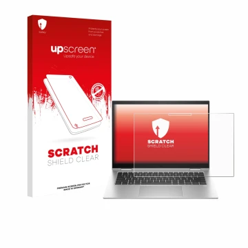 Parte frontal de un envase de producto con el logotipo de la marca upscreen. Al lado se muestra el dispositivo HP EliteBook x3