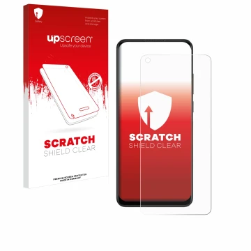 Parte frontal de un envase de producto con el logotipo de la marca upscreen. Al lado se muestra el dispositivo Oppo A78 4G con