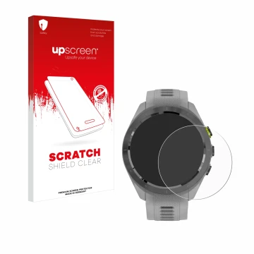 Parte frontal de un envase de producto con el logotipo de la marca upscreen. Al lado se muestra el dispositivo Garmin Approach