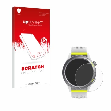 Parte frontal de un envase de producto con el logotipo de la marca upscreen. Al lado se muestra el dispositivo Huami Amazfit C