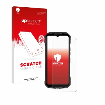 Parte frontal de un envase de producto con el logotipo de la marca upscreen. Al lado se muestra el dispositivo Doogee V30 con 