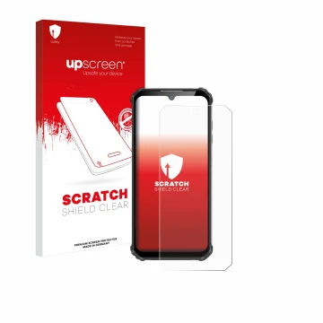 Parte frontal de un envase de producto con el logotipo de la marca upscreen. Al lado se muestra el dispositivo Oukitel WP22 co