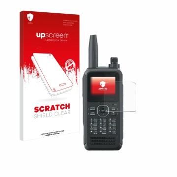 Parte frontal de un envase de producto con el logotipo de la marca upscreen. Al lado se muestra el dispositivo Kenwood TH-D75E