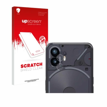 Parte frontal de un envase de producto con el logotipo de la marca upscreen. Al lado se muestra el dispositivo Nothing Phone (