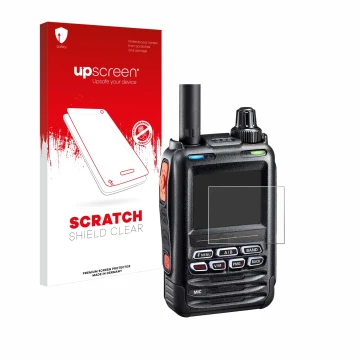 Parte frontal de un envase de producto con el logotipo de la marca upscreen. Al lado se muestra el dispositivo Yaesu FT-5DE/DR
