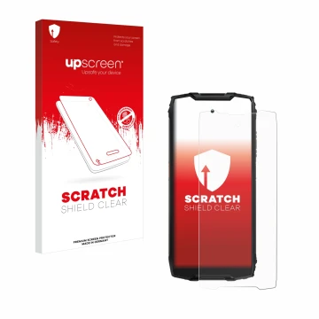 Parte frontal de un envase de producto con el logotipo de la marca upscreen. Al lado se muestra el dispositivo Blackview BV930