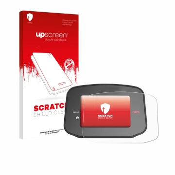 Parte frontal de un envase de producto con el logotipo de la marca upscreen. Al lado se muestra el dispositivo PowaKaddy CT8 G