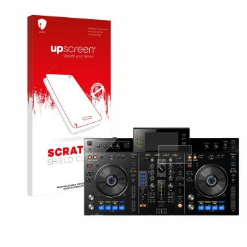 Parte frontal de un envase de producto con el logotipo de la marca upscreen. Al lado se muestra el dispositivo Pioneer XDJ-RX 