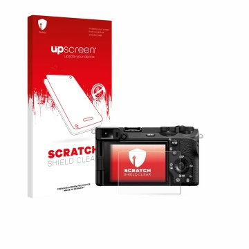Parte frontal de un envase de producto con el logotipo de la marca upscreen. Al lado se muestra el dispositivo Sony Alpha 6700