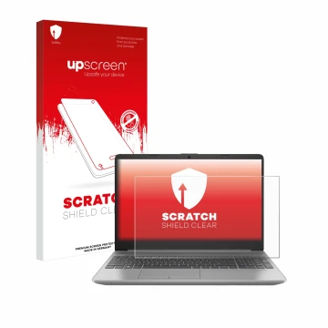 Parte frontal de un envase de producto con el logotipo de la marca upscreen. Al lado se muestra el dispositivo HP 250 G9 con s