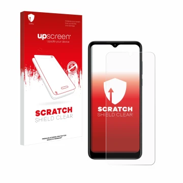 Parte frontal de un envase de producto con el logotipo de la marca upscreen. Al lado se muestra el dispositivo ZTE Blade V50 D
