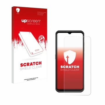 Parte frontal de un envase de producto con el logotipo de la marca upscreen. Al lado se muestra el dispositivo Ulefone Armor 1