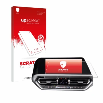 Parte frontal de un envase de producto con el logotipo de la marca upscreen. Al lado se muestra el dispositivo BMW 3 G20 2020 