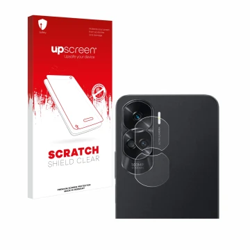 Parte frontal de un envase de producto con el logotipo de la marca upscreen. Al lado se muestra el dispositivo Honor 90 Lite (